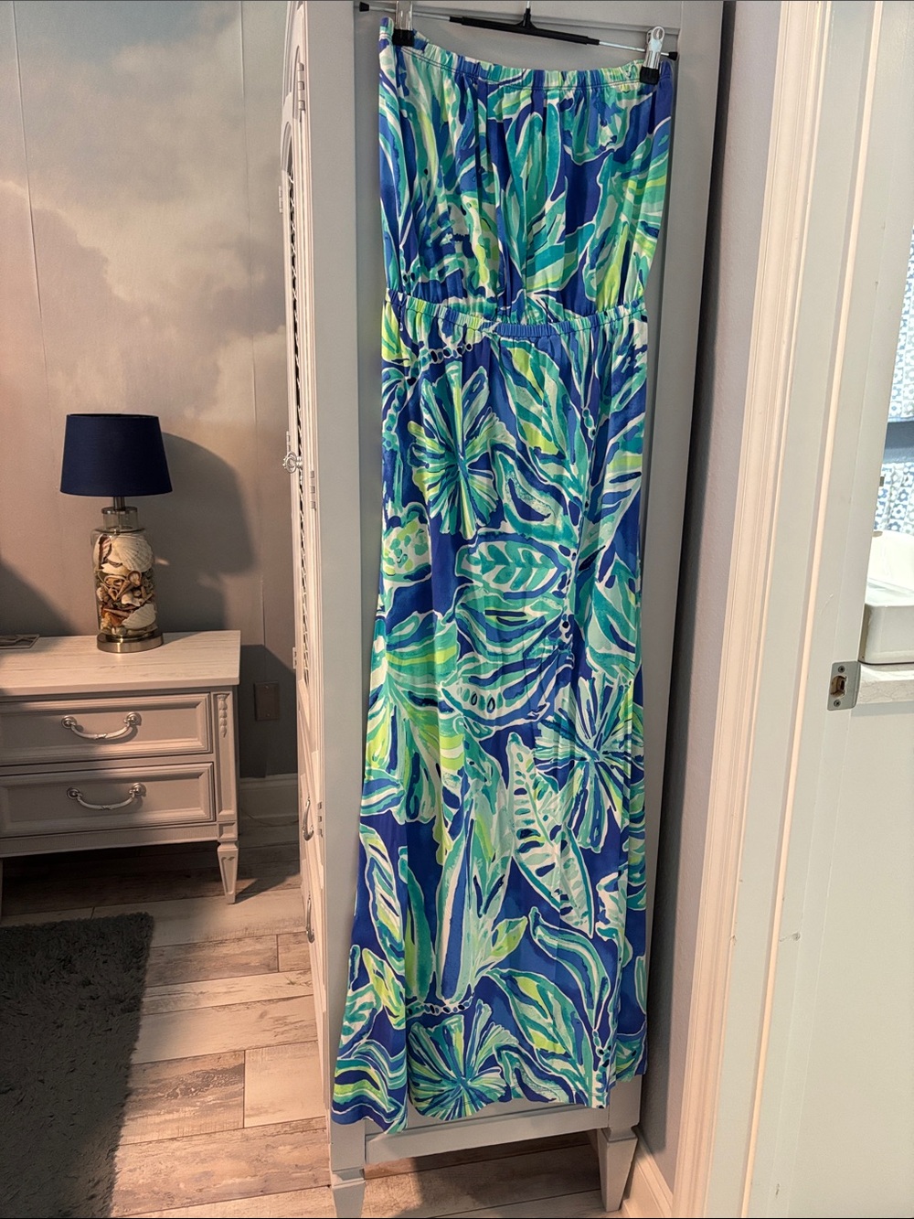 Lilly Pulitzer Blue and Green Tropical Print Strapless One-Piece